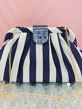 Isaac Mizrahi Navy Striped Clutch Gold Chain Nautical Classic Vacation Summer